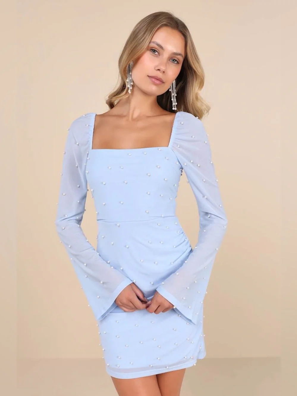LULU'S Flirty Luxury Light Blue Mesh Pearl Long Sleeve Mini Dress